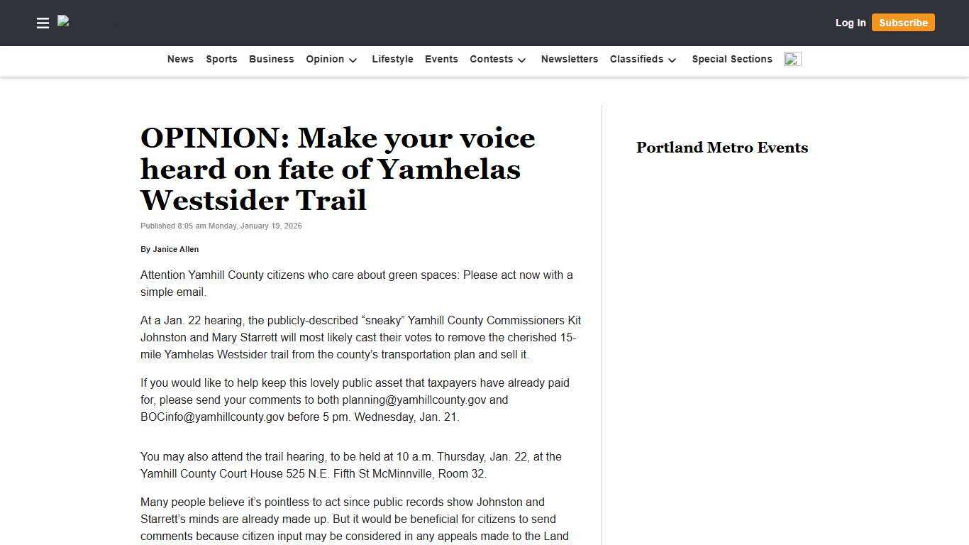 OPINION: Make your voice heard on fate of Yamhelas Westsider Trail Your Oregon News